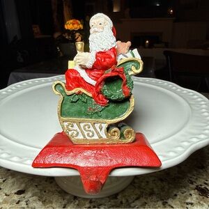 Vintage Cast Iron Santa & Sleigh Christmas Stocking Holder Red Bell Gift Holiday